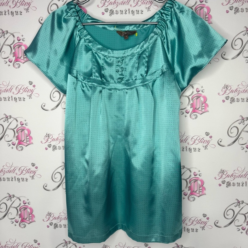 Jessica Polka dot ruffle shoulder cinch Elegant Teal Satin coquette Top buttons